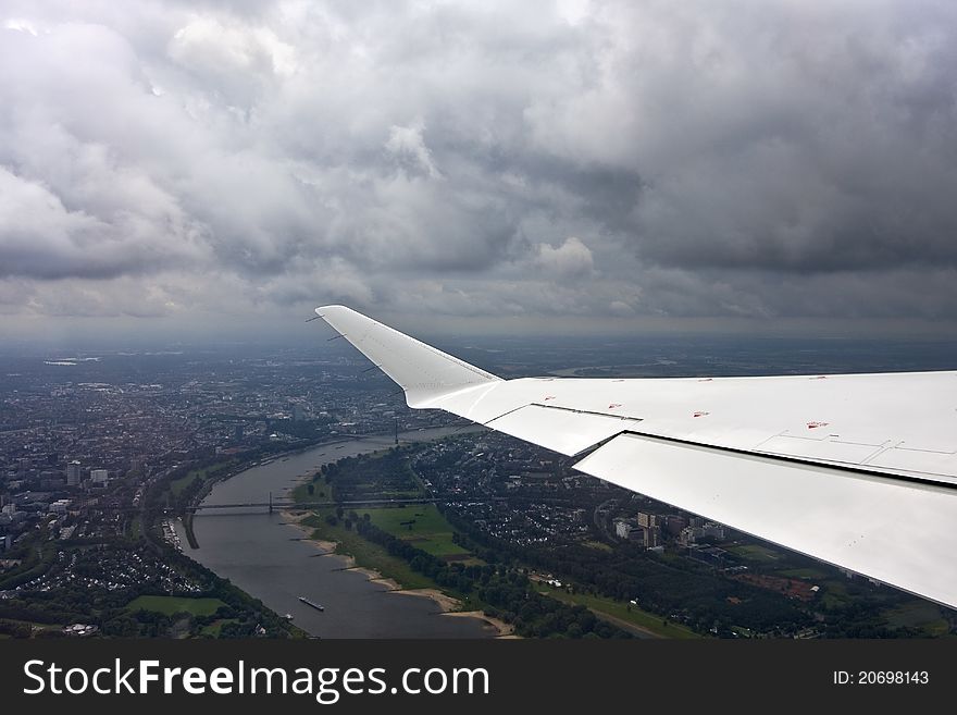 Flying over Dï¿½sseldorf, in Germany