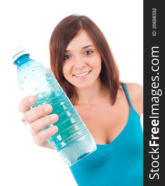 Smiling young woman with water. Isolated over white background