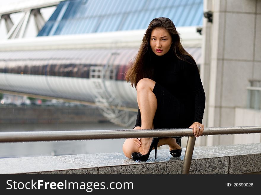 Sexy Girl In Black Dress Walking