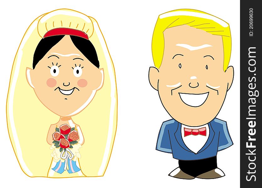 Cartoon illustration of a bride and groom