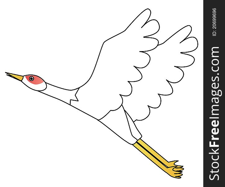 Cartoon illustration of a crane bird flying