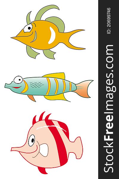 Cartoon illustration of a tropical fish collection