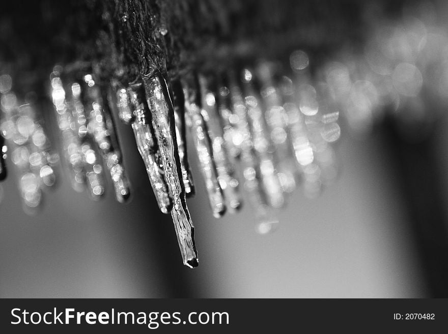 Black and white close-up of icicles formed during a winter storm. Black and white close-up of icicles formed during a winter storm.