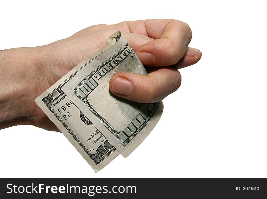 Hundred dollars in a hand on a white background