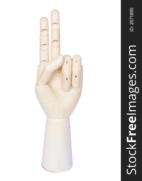 Wooden hand showing two fingers