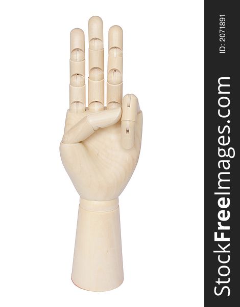Wooden hand showing three fingers
