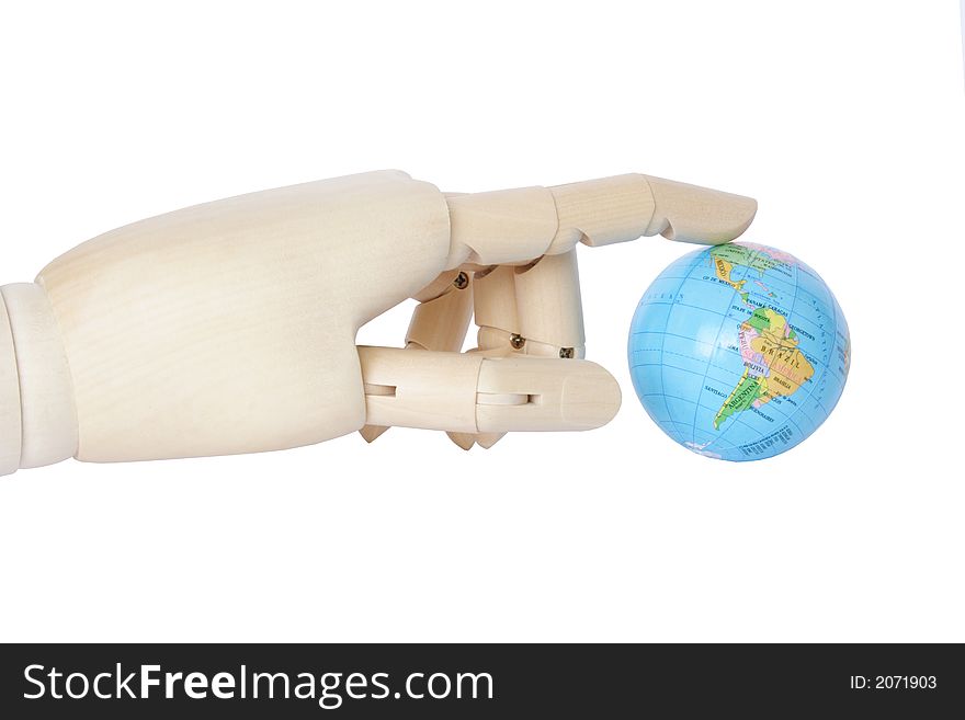 Wooden hand touching  the world
