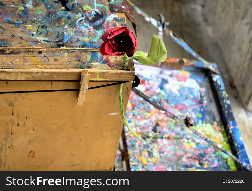 Artists work space covered in paint colors. Artists work space covered in paint colors