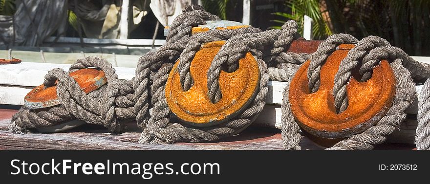 A set of old ship pully wheels & rigging