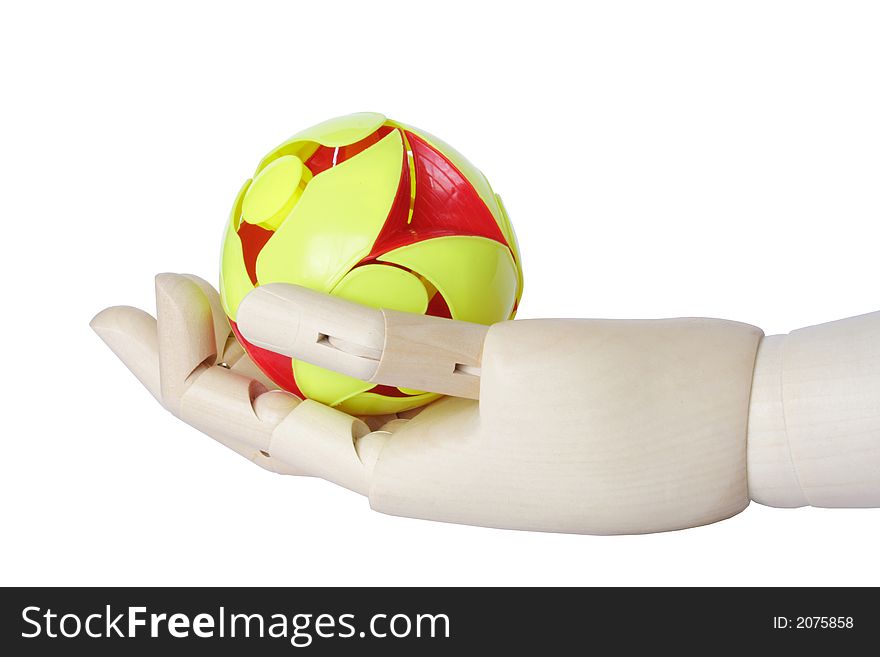 Wooden hand with puzzle in white background