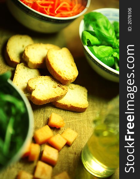 Bruschette,olive-oil and vegetales, food