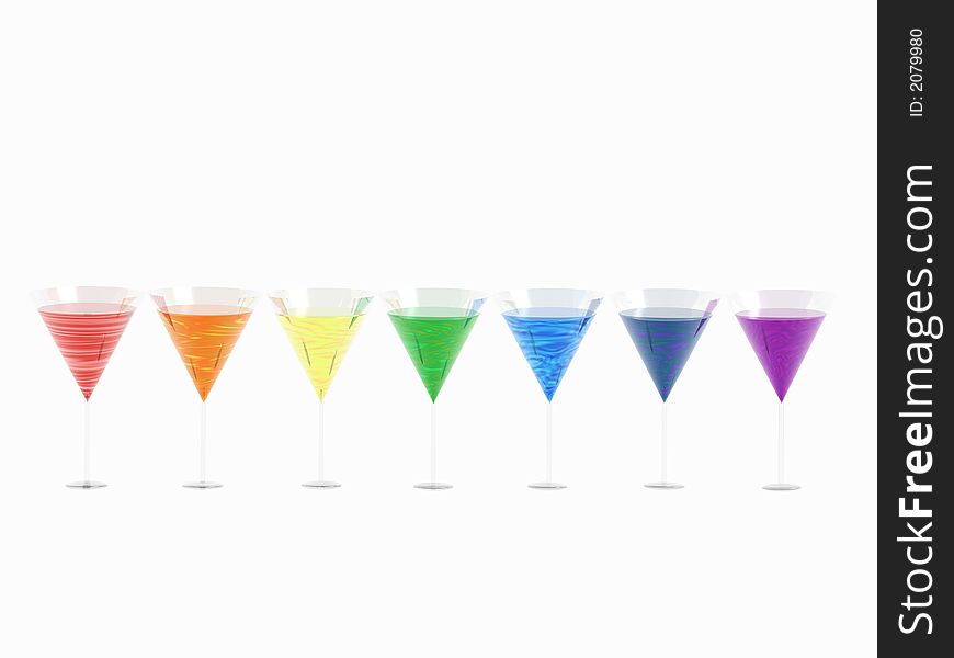The colours of the rainbow represented by glasses with liquids. The colours of the rainbow represented by glasses with liquids