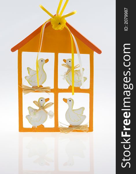 Easter decoration with geese. White background low reflection. Easter decoration with geese. White background low reflection.