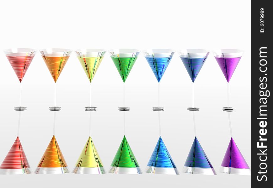 The colours of the rainbow represented by glasses with liquids reflected on silver. The colours of the rainbow represented by glasses with liquids reflected on silver