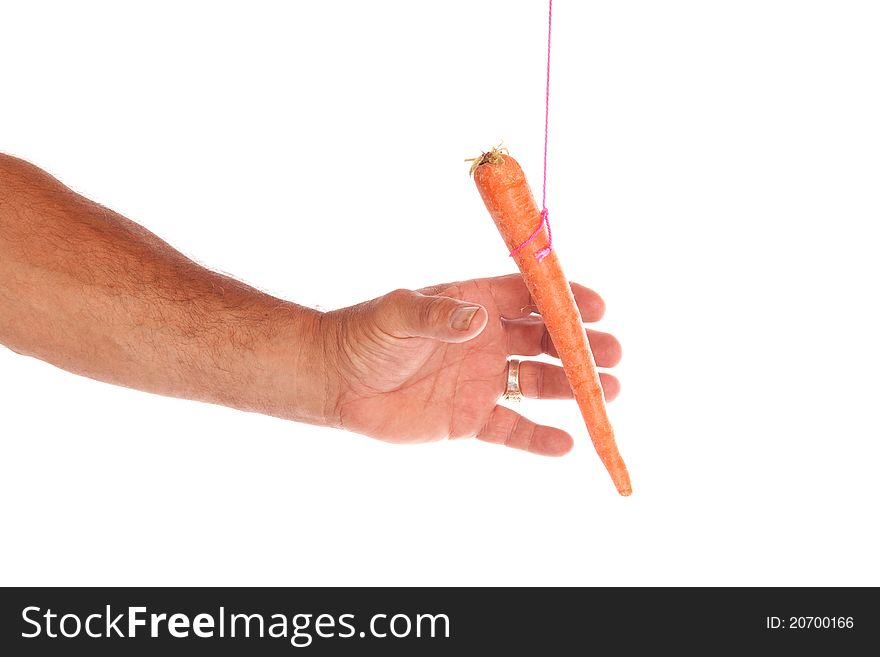 A hand is reaching for a dangeling carrot. A hand is reaching for a dangeling carrot.