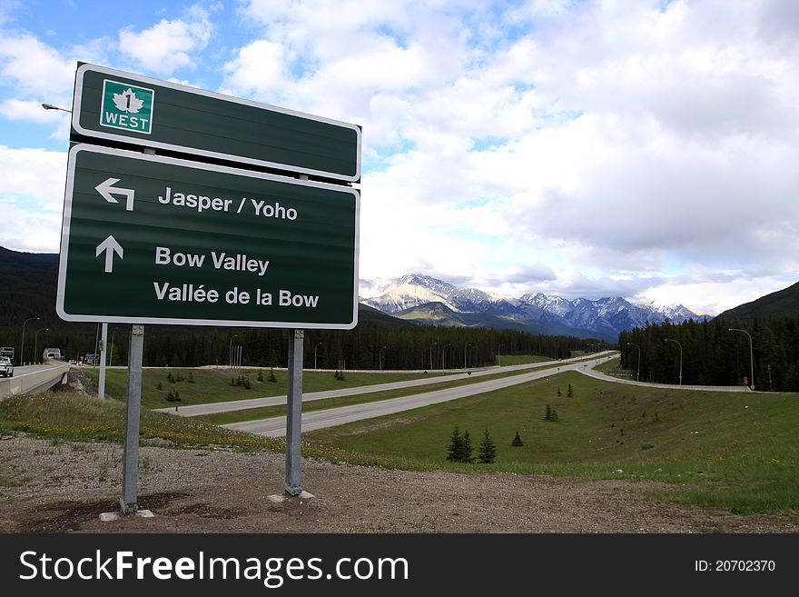 Road Sign on Trans Canadian Highway in Banff National Park. Alberta. Canada