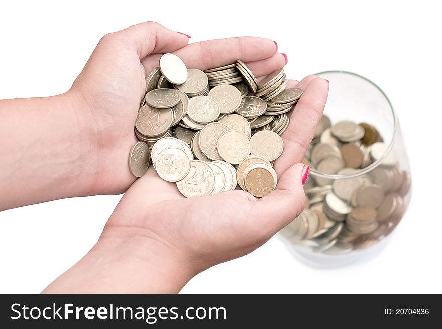 Stack of coins, arms, and a glass