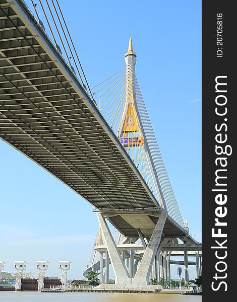 Bhumibol Bridge in Thailand, also known as the Industrial Ring Road Bridge. The bridge crosses the Chao Phraya River.