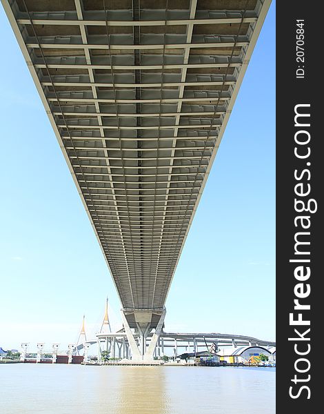 Bhumibol Bridge in Thailand, also known as the Industrial Ring Road Bridge. The bridge crosses the Chao Phraya River.