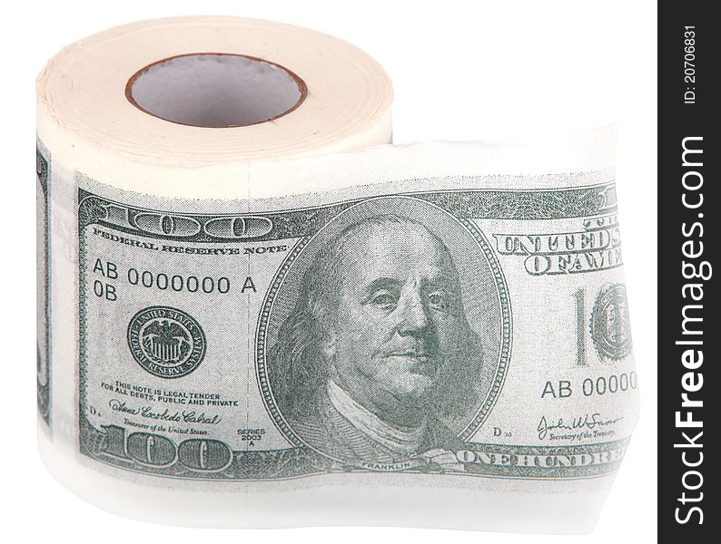 Toilet paper with the image of dollars isolated on a white background. Toilet paper with the image of dollars isolated on a white background.