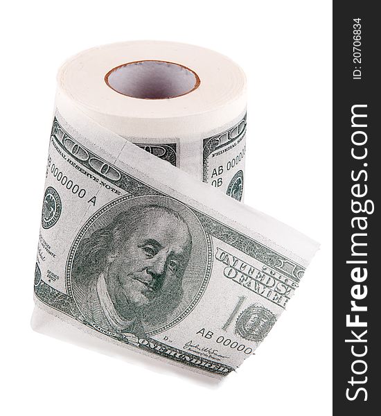 Toilet paper with the image of dollars isolated on a white background. Toilet paper with the image of dollars isolated on a white background.