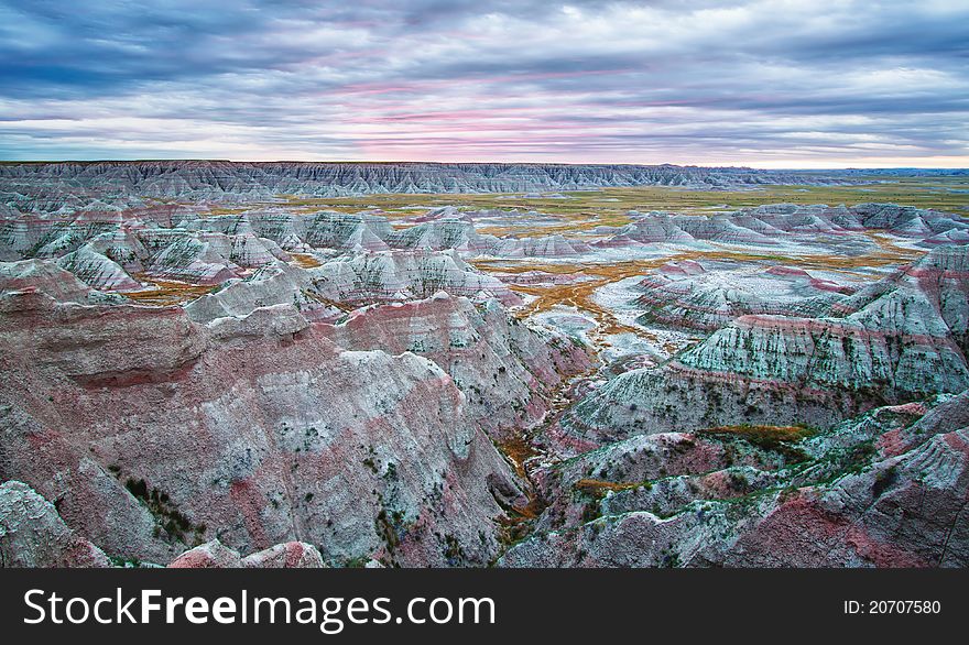 View of Sunrise in the Badlands National Park, South Dakota. View of Sunrise in the Badlands National Park, South Dakota