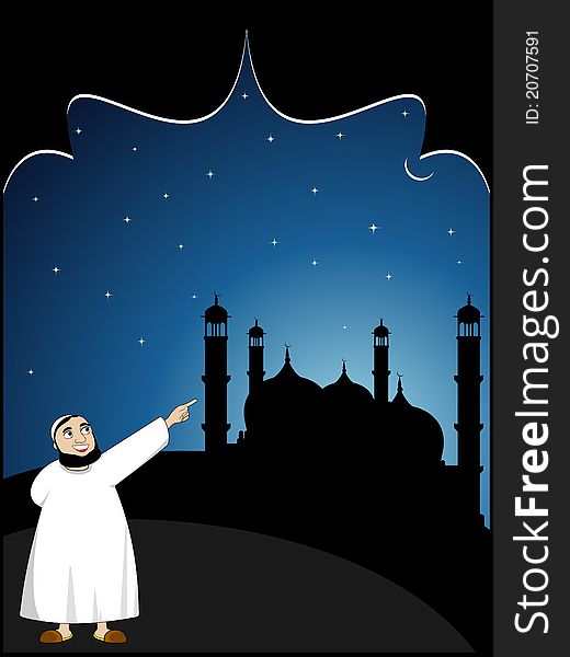 A man indicating moon in eid's night. A man indicating moon in eid's night