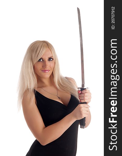 Blonde with a sabre in hands looks at you, on a white background
