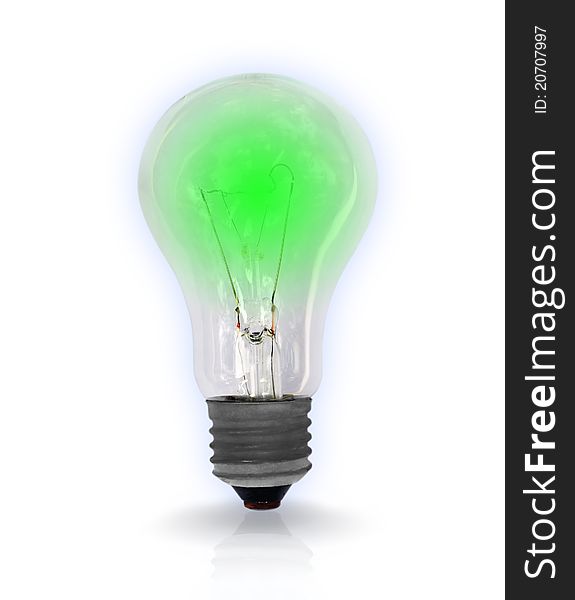 Green light bulb on white background