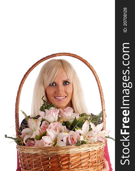 Girl with a flowers basket on a white background