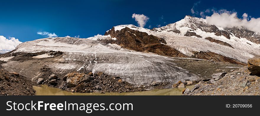 A panorama of a mountain glacier near Saas Fee (Wallis, Switzerland) In the background: amongst other +4000m alpine mountains, the Dom, the highest mountain of Switzerland.