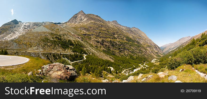 A panorama of a mountain valley near Mattmark and Saas Fee (Wallis, Switzerland)