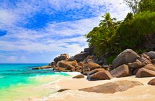 Tropical Beach At Island Praslin, Seychelles Stock Photo