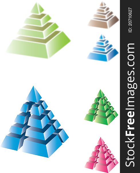 Some volume pyramids of dark blue, green, pink color consisting of several slices