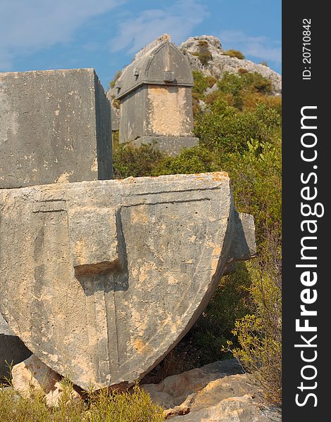 Ancient stone sarcophagi located Simena in Turkey. Ancient stone sarcophagi located Simena in Turkey