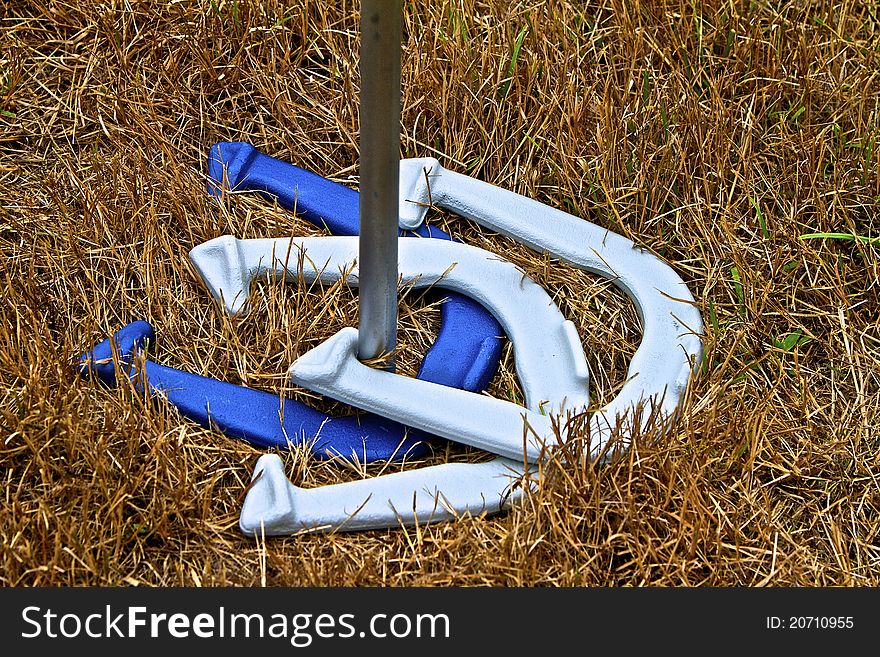 Three horseshoes around stake, one dark blue and two light blue, atop golden grasses. Three horseshoes around stake, one dark blue and two light blue, atop golden grasses