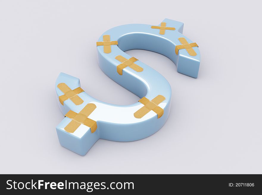 3D Dollar $ symbol with plaster patches on gray background. 3D Dollar $ symbol with plaster patches on gray background.