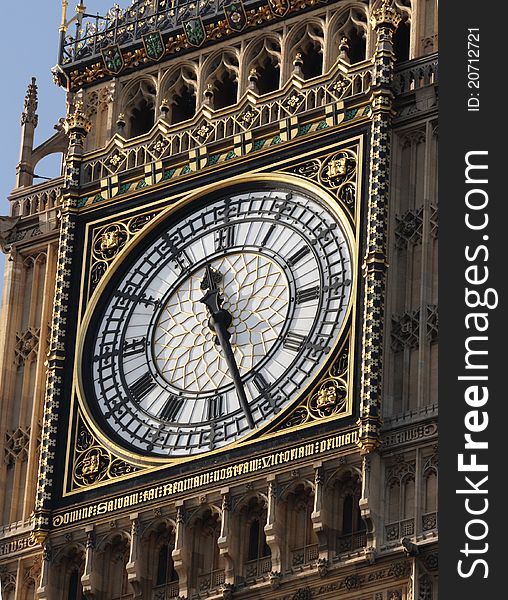The clock face of Big Ben, London, England. The clock face of Big Ben, London, England