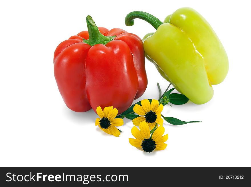 Red and green paprika with yellow colors on a white background