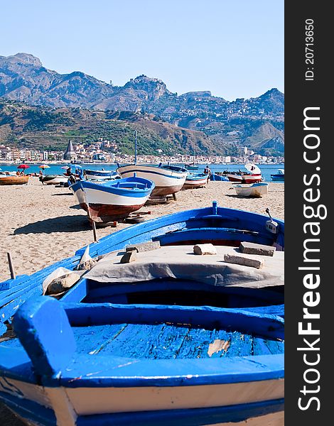 Boats on beach in summer day, Sicily, Italy