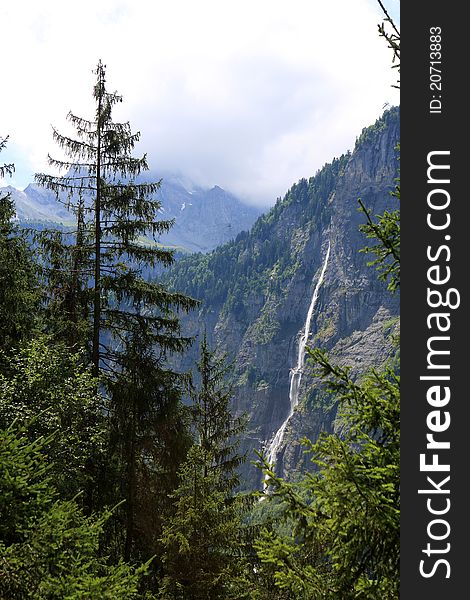 Swiss alpine landscape with trees, mountains and waterfall