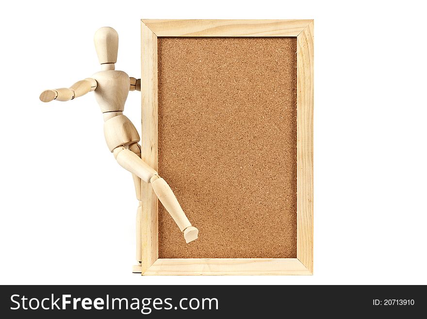 Mannequin and blank cork board message on white background. Mannequin and blank cork board message on white background