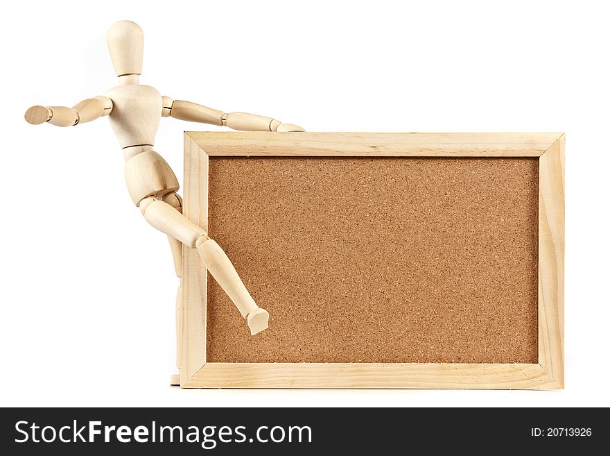 Mannequin and blank cork board message on white background. Mannequin and blank cork board message on white background