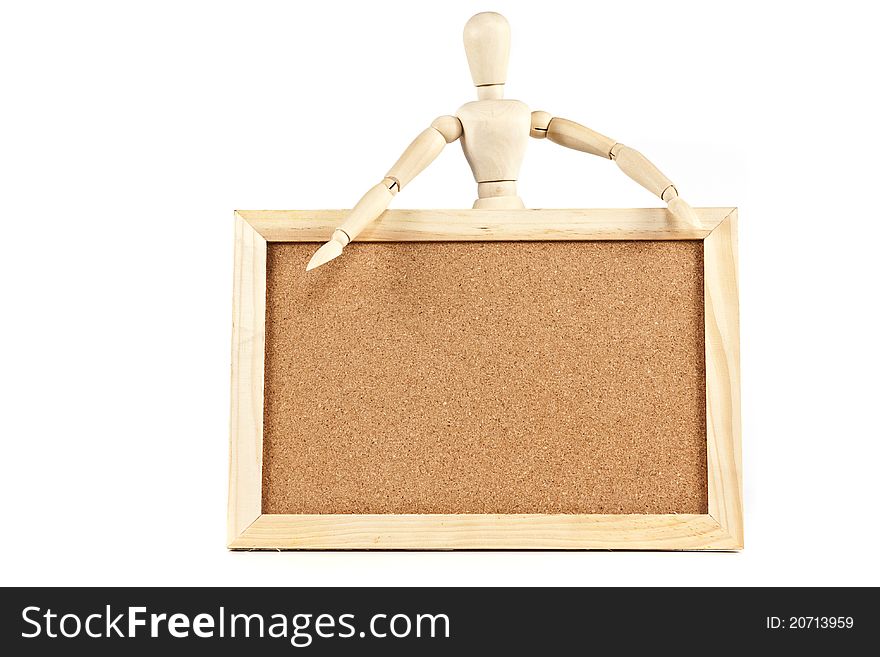 Mannequin and blank cork board message on white background. Mannequin and blank cork board message on white background