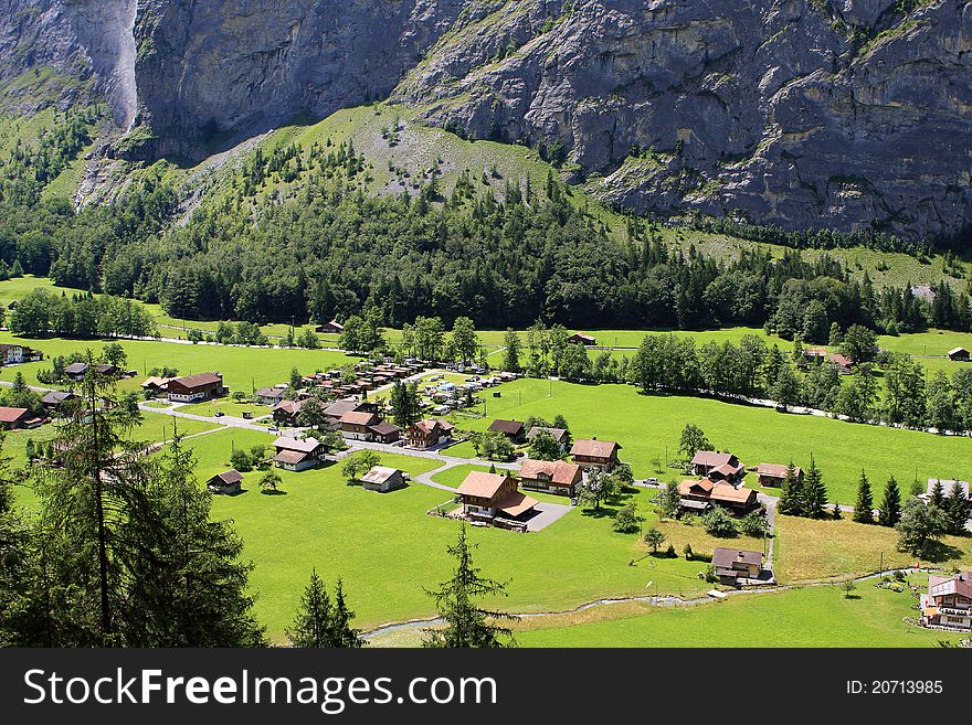 View of Switzerland countryside near Trummelbach Falls at summer