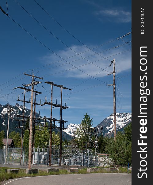 An electrical substation in the high mountain Snoqualmie Pass in Washington State, USA. An electrical substation in the high mountain Snoqualmie Pass in Washington State, USA.