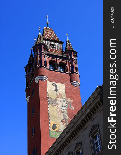 Tower of Basel Town Hall (Rathaus), Switzerland. Tower of Basel Town Hall (Rathaus), Switzerland