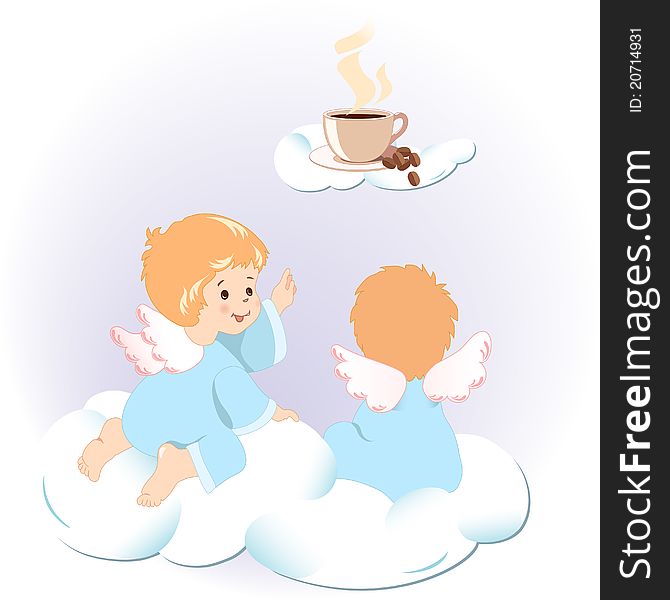 Cute little angels sitting on clouds. They are looking for another cloud, where you can see a cup of aromatic coffee and grains.