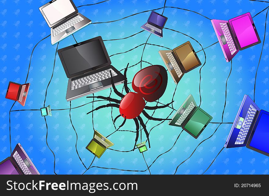 Spider connecting laptops by a net. Spider connecting laptops by a net