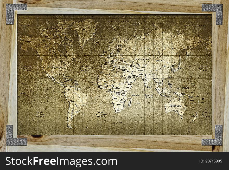 Old world map with great texture and amazing colors in wood frame